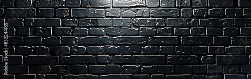 Wide black brick wall texture Rough brickwork Dark gray gloomy grunge widescreen background
 photo