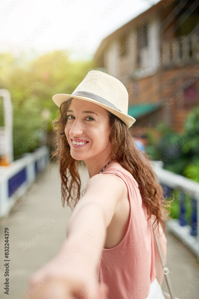 Portrait, travel and woman holding hands with pov for adventure, summer holiday or journey with freedom. Love, walk and happy person leading the way outdoor for date, vacation or tourist in Germany