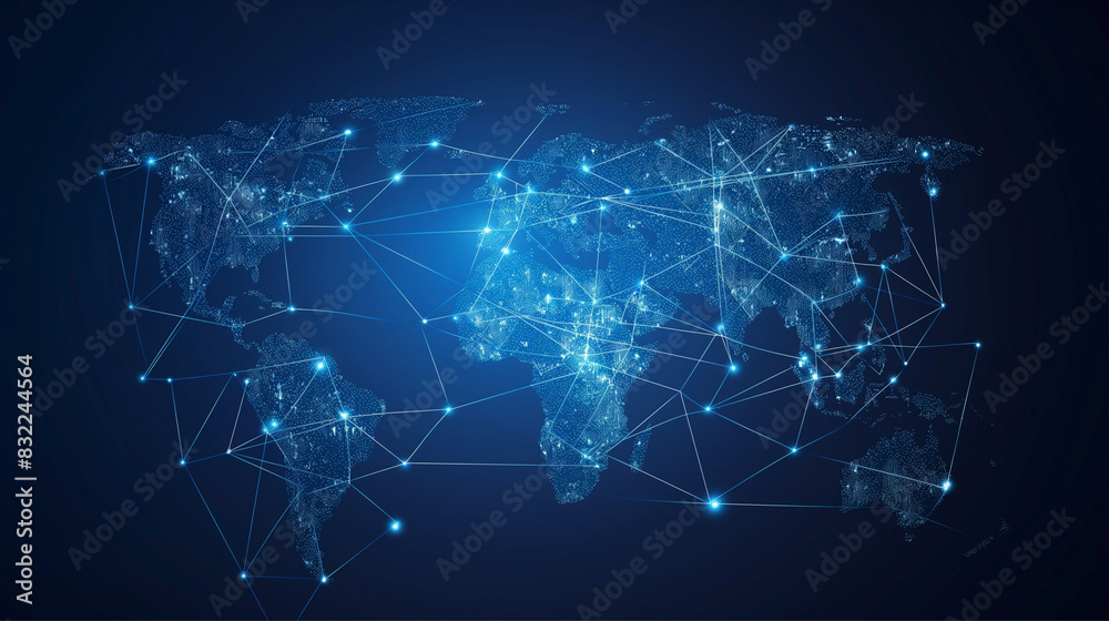 A digital global map showcasing interconnected data points and lines to represent international networking A digital global map showcasing interconnected data points and lines to represent international networking