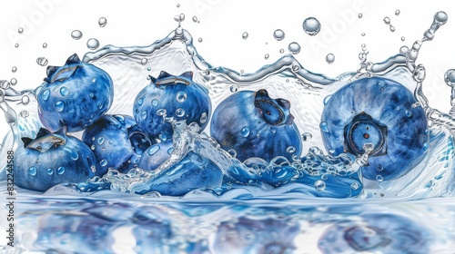 Blueberries fall into water with a splash on a white background. A lot of crystal drops make up the illustration.