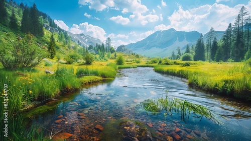 Tranquil Nature Scene  Mountain River in Sunny Synevyr National Park  Ukraine - Spring Vacation Bliss with Grassy Meadow and Majestic Ridge