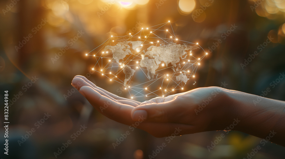 Hand holding a glowing digital world map with network connections Hand holding a glowing digital world map with network connections