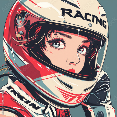 A stylized racing helmet illustration with the face blurred for privacy on a colorful graphic backdrop photo