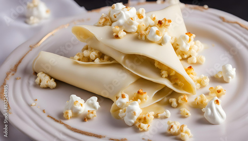 Sweet crepe with white chocolate, vanilla cream and sweet popcorn