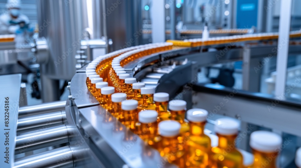 Modern automated robotic line for vitamins and supplements production in a sterile pharmaceutical plant indoors with high-tech machinery and conveyor belts in operation. Modern automated robotic line for vitamins and supplements production in a sterile pharmaceutical plant indoors with high-tech machinery and conveyor belts in operation.