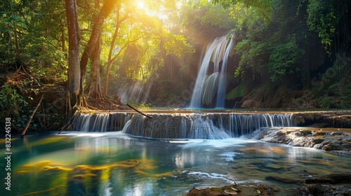 Panoramic View of a Beautiful Deep Forest Waterfall in Thailand - Nature and Tranquility