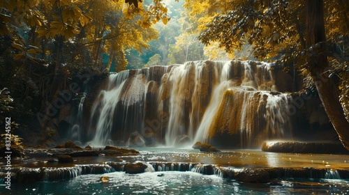 Panoramic View of a Beautiful Deep Forest Waterfall in Thailand - Nature and Tranquility