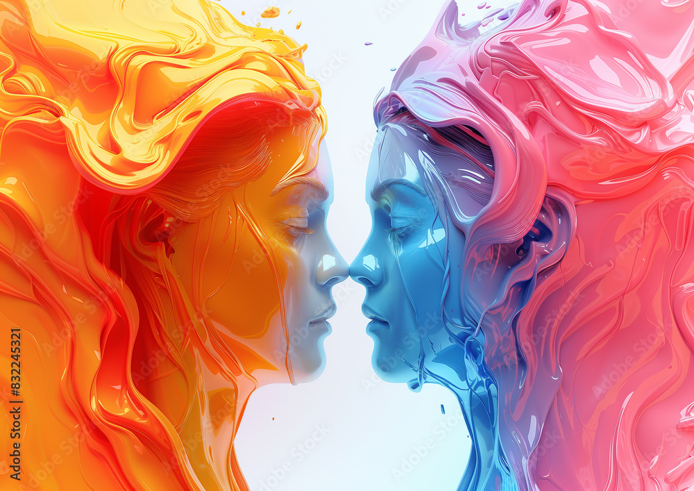 Abstract art with orange and blue figures facing each other, symbolizing duality and contrast in vibrant colors. Abstract art with orange and blue figures facing each other, symbolizing duality and contrast in vibrant colors.