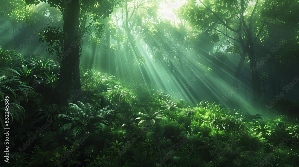 Obraz premium Panoramic Landscape with Sunlight Rays Through Vibrant Green Foliage in Forest Clearing