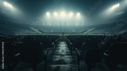 A dimly lit stadium overflowing with electric anticipation, rows of empty seats stretch towards the gridiron as the championship stage is set with dramatic lighting and palpable tension. photo