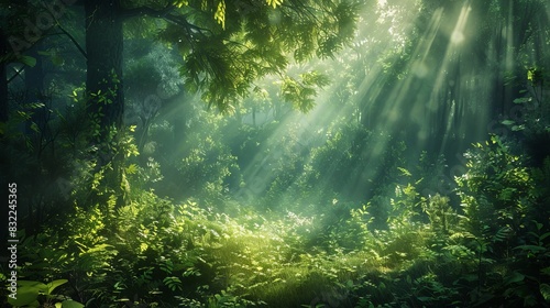 Panoramic Landscape with Sunlight Rays Through Vibrant Green Foliage in Forest Clearing