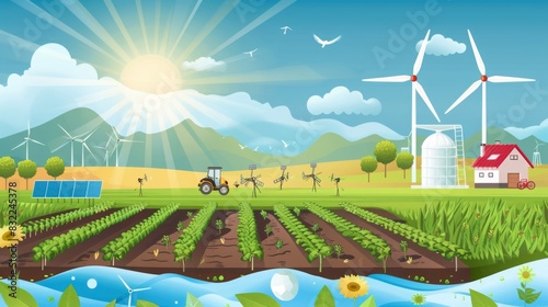 Infographic showing the benefits of renewable energy in agriculture, with clear, detailed illustrations and vibrant colors. --ar 16:9 --style raw Job ID: db4c8a48-9920-4a3a-a7eb-47d320695d5f