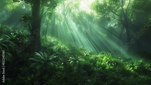 Panoramic Landscape with Sunlight Rays Through Vibrant Green Foliage in Forest Clearing © Nazia