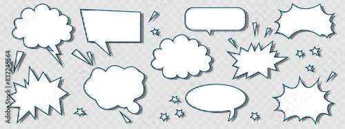 Modern speech bubble with halftone shadows. Emotional message with grunge texture. Vector illustration on a transparent background. Dialogue box for comic books. Chat speech