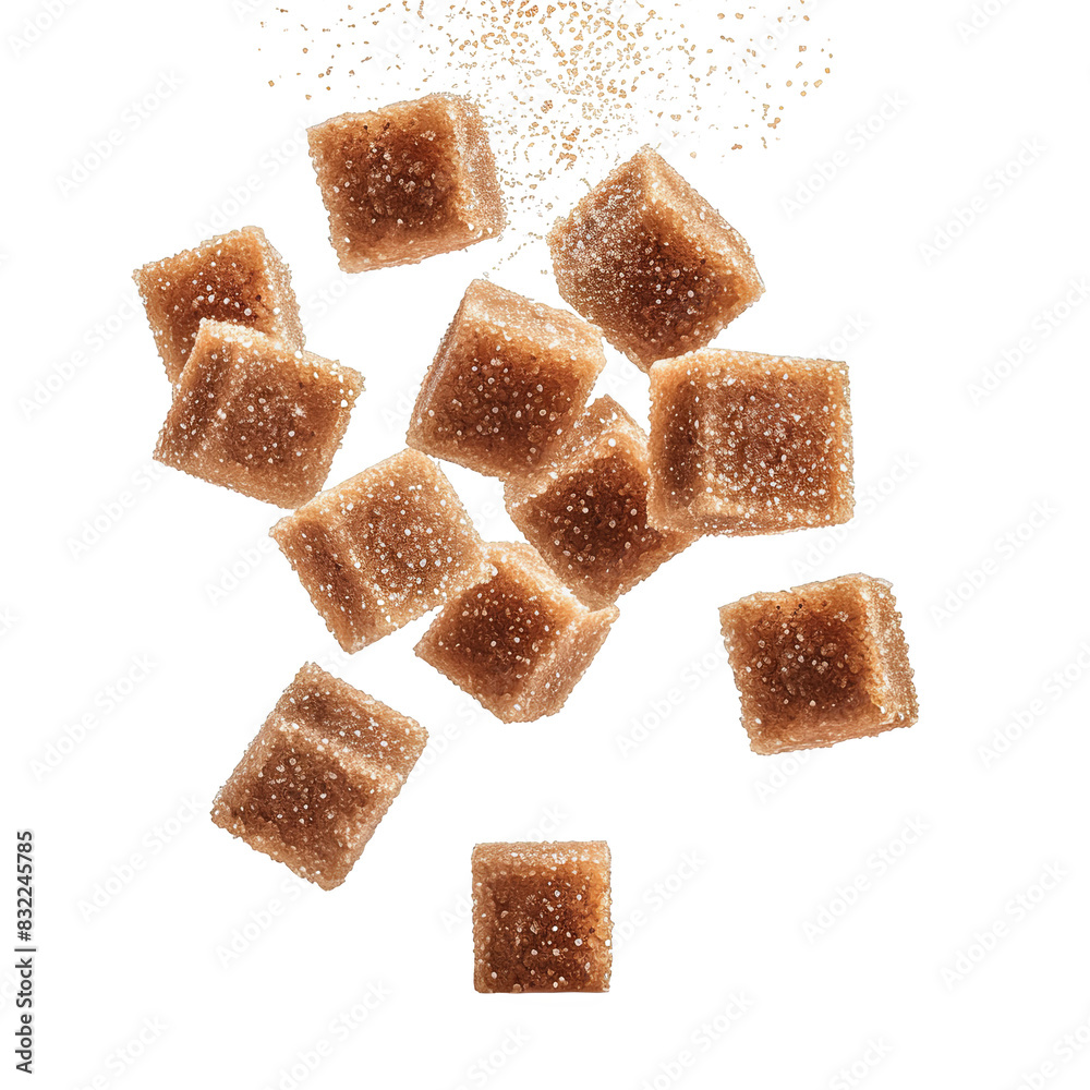 Flying brown sugar cubes isolated on white background Flying brown sugar cubes isolated on white background
