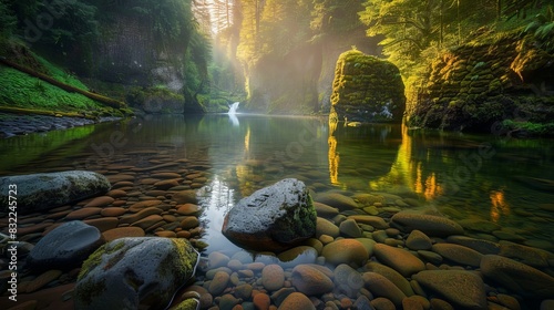 Scenic Punch Bowl Falls along Eagle Creek Trail in Oregon with Rocky Foreground Focus photo