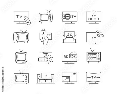 Television Icon collection containing 16 editable stroke icons. Perfect for logos, stats and infographics. Edit the thickness of the line in Adobe Illustrator (or any vector capable app).