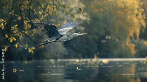 A heron Ardea cinerea soaring above the water while hunting photo