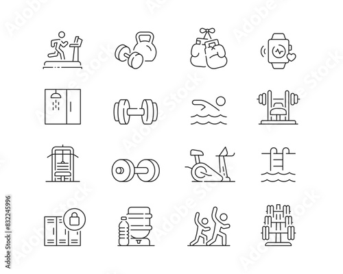 Gym and Fitness Icon collection containing 16 editable stroke icons. Perfect for logos, stats and infographics. Edit the thickness of the line in Adobe Illustrator (or any vector capable app).
