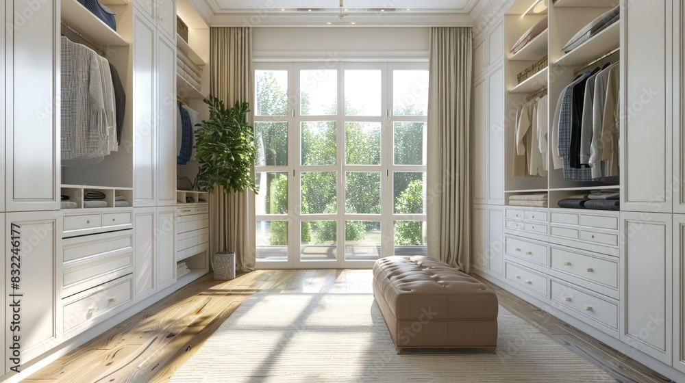 Bright and Airy Closet Room with Large Windows and Minimalist Cabinets