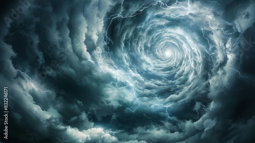 Dark sky with swirling clouds and lightning in the center of a vortex shaped hole,