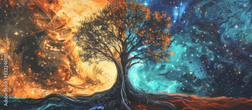 Vibrant, surreal tree blending elements of fire and water, representing the duality of nature in a cosmic, fantastical landscape.