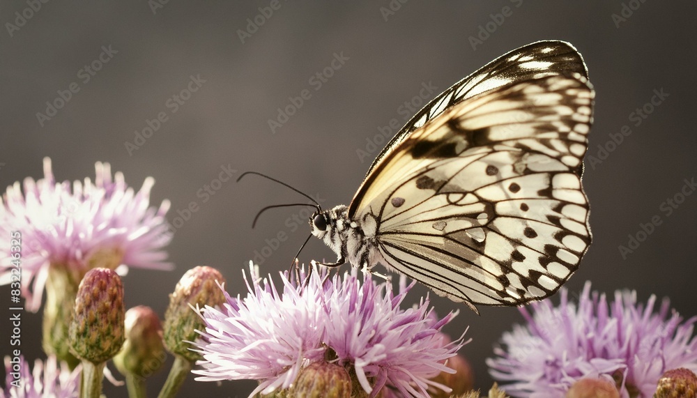 Checkered butterfly on purple bush flowers