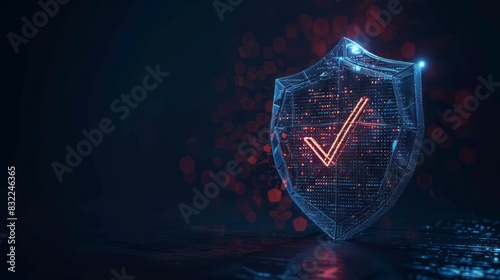 Dark blue wireframe shield with checkmark symbolizes protection and security, conveying a sense of safeguarded digital data and fortified online defenses. photo