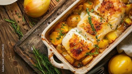 Golden-brown baked salt cod, caramelized onions, and tender potatoes in a crispy-browned baking dish, invitingly arranged on a rustic table, perfect for portuguese cuisine. photo