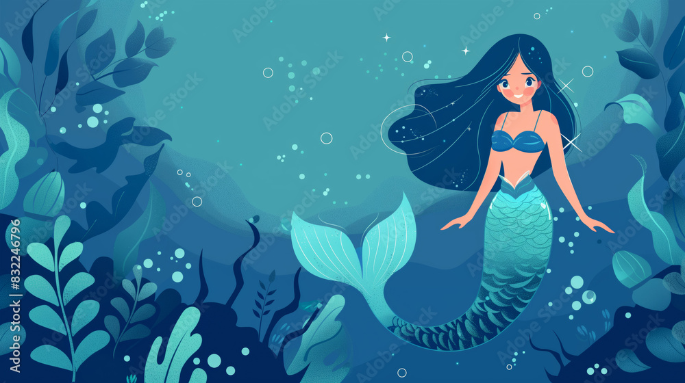 Cartoon illustration mermaid swimming in vibrant underwater coral reef.