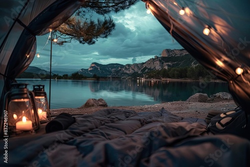 Scenic view from inside a tent with lanterns at dusk  overlooking a calm lake and mountains. Peaceful and serene camping experience.