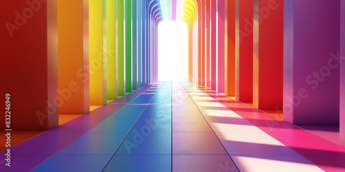 Vibrant hallway with colorful walls and ceiling leading to a bright light  creating a modern and energizing atmosphere.