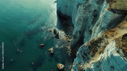a drone shot over a beautiful white cliffs, cinematic, photorealistic, 