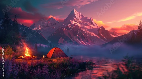 Scenic mountain campsite with a glowing campfire by the lake under a colorful sunset sky, surrounded by majestic peaks and serene water.