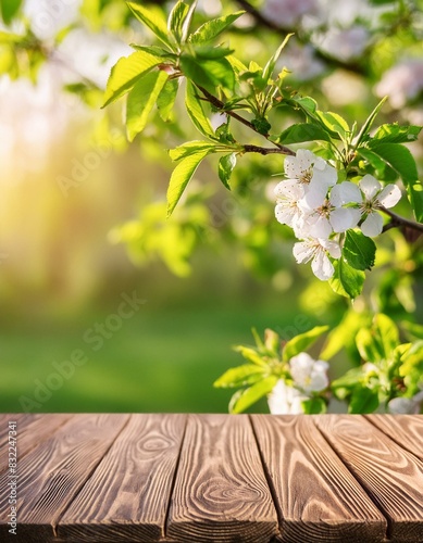 Spring beautiful background with green lush young foliage and flowering branches with an empty wooden table on nature outdoors in sunlight in garden, Ai Generate