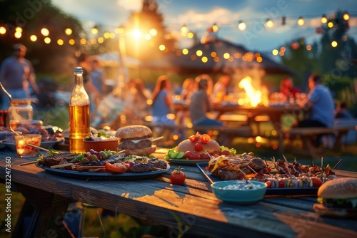 A lively outdoor summer barbecue party with friends, featuring delicious food, drinks, and festive lights during sunset.