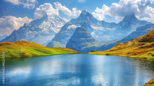 Idyllic Panoramic View of Bernese Alps above Bachalpsee Lake - Famous Tourist Destination in Grindelwald Valley, Swiss Alps, Europe photo