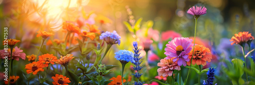 Colorful flowers in the garden with sunlight and a green background. Spring or summer nature landscape.flower garden bathed in the warm light of sunset  showcasing a variety of colorful blooms