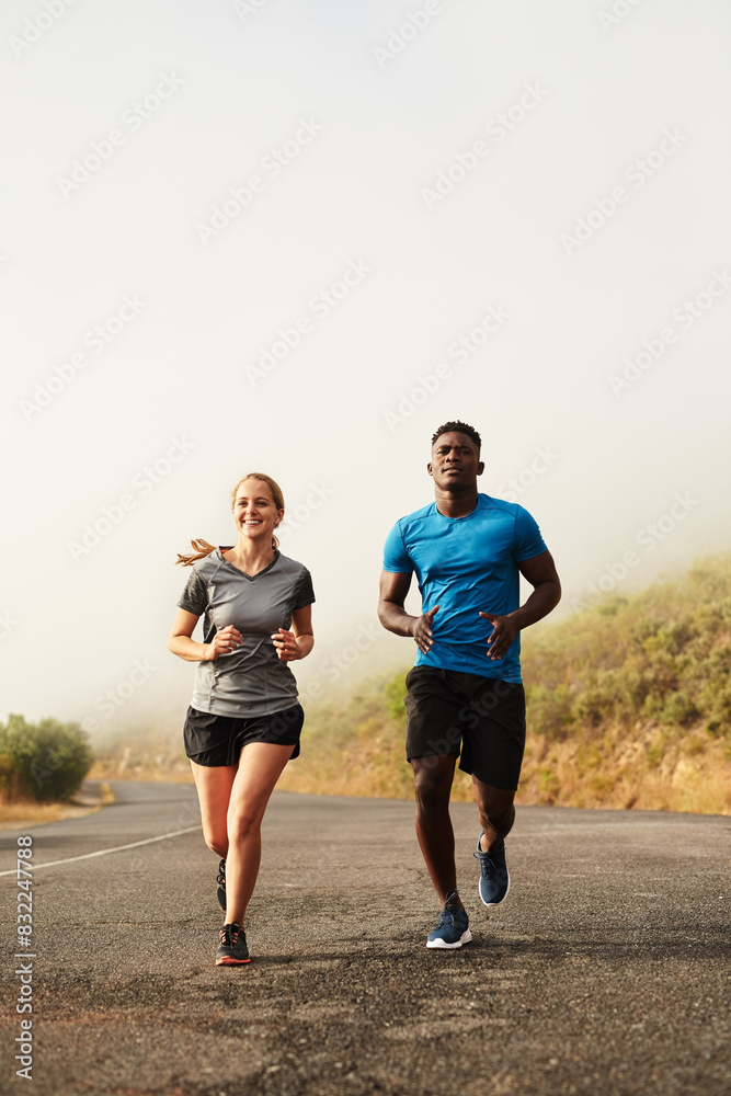 Woman, smile and coach for running in outdoor for practice marathon race with fitness, exercise and cardio training in forest for health. Athlete, people and runner together for challenge workout Woman, smile and coach for running in outdoor for practice marathon race with fitness, exercise and cardio training in forest for health. Athlete, people and runner together for challenge workout