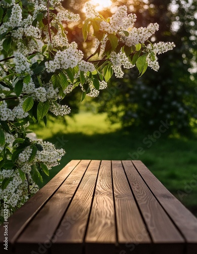 Spring beautiful background with green lush young foliage and flowering branches with an empty wooden table on nature outdoors in sunlight in garden, Ai Generate