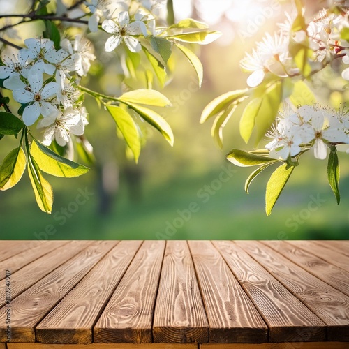 Spring beautiful background with green lush young foliage and flowering branches with an empty wooden table on nature outdoors in sunlight in garden, Ai Generate