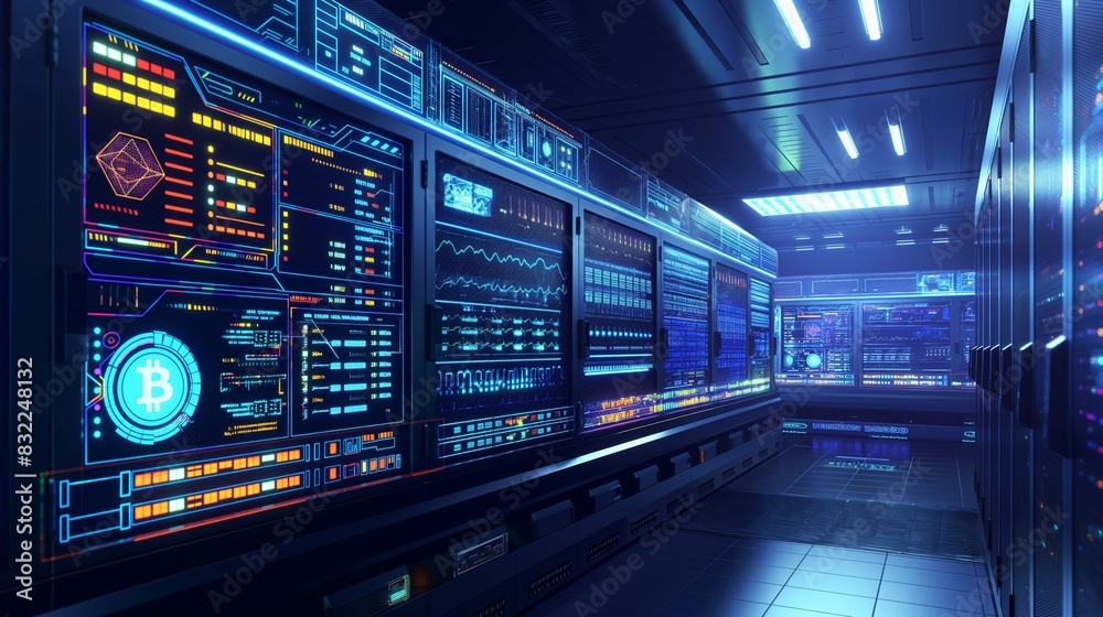 A high-tech cryptocurrency mining farm, with rows of servers and digital displays showing real-time mining statistics and blockchain operations. A high-tech cryptocurrency mining farm, with rows of servers and digital displays showing real-time mining statistics and blockchain operations.