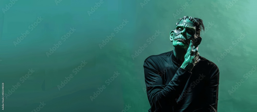 Frankenstein Costume for Halloween on a Green Banner Frankenstein Costume for Halloween on a Green Banner