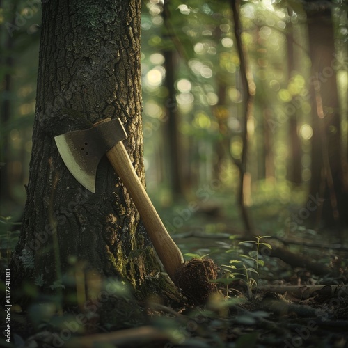 The ax leaned against a tree in the quiet forest. photo