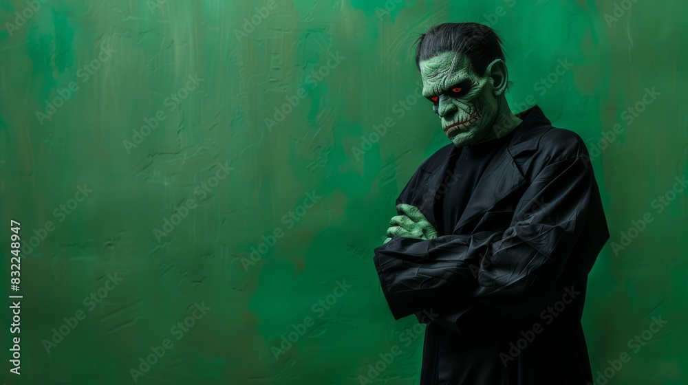 Frankenstein Costume for Halloween on a Green Banner Frankenstein Costume for Halloween on a Green Banner