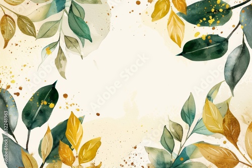 a Watercolor waterpaint adorned with defocused green leaves and yellow leaves arrangement for banner advertisement, adding a touch of allure and vibrancy to marketing visuals. photo