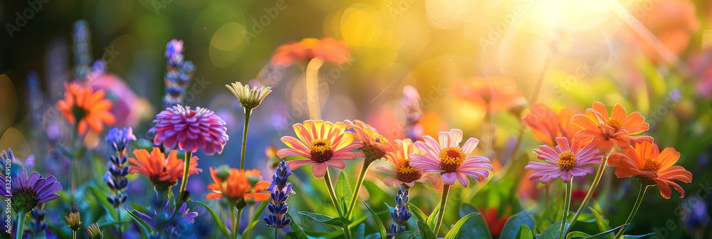 Colorful flowers in the garden with sunlight and a green background. Spring or summer nature landscape.flower garden bathed in the warm light of sunset, showcasing a variety of colorful blooms Colorful flowers in the garden with sunlight and a green background. Spring or summer nature landscape.flower garden bathed in the warm light of sunset, showcasing a variety of colorful blooms