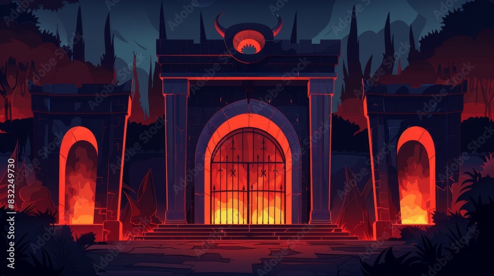 Dark fantasy illustration of a foreboding gate illuminated by eerie red lights, set in a mystical forest with ominous vibes.