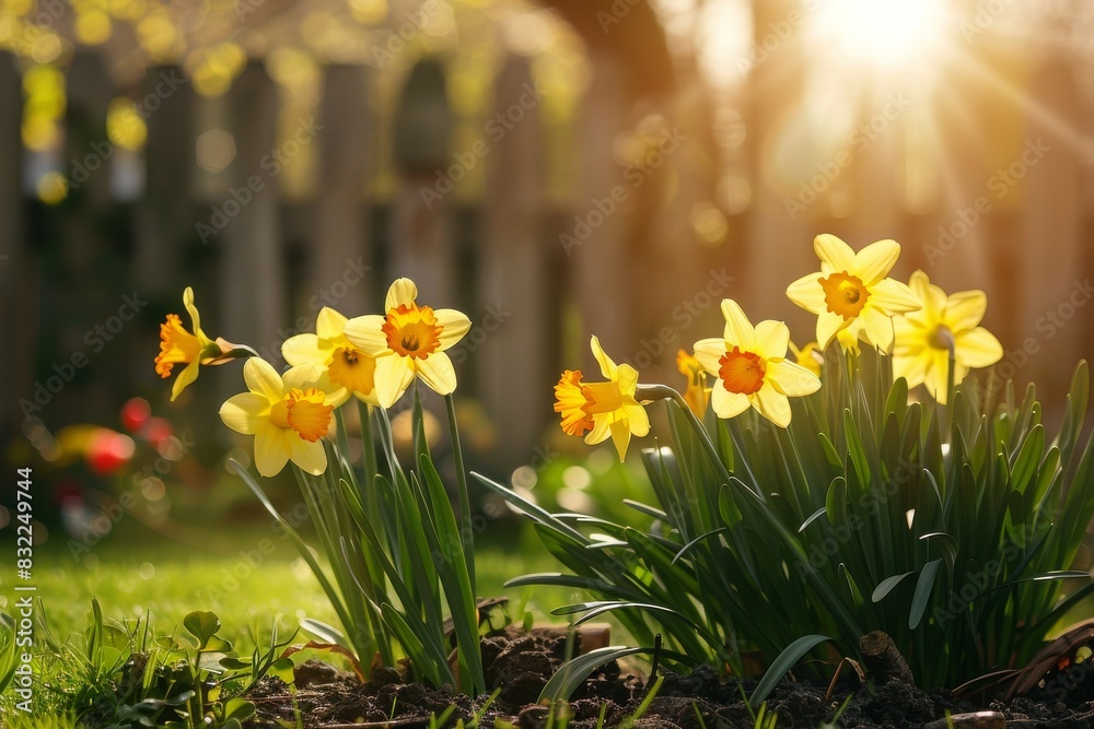Obraz premium A beautiful flowerbed with daffodil flowers in the spring on a garden plot near the fence in the rays of sunshine
