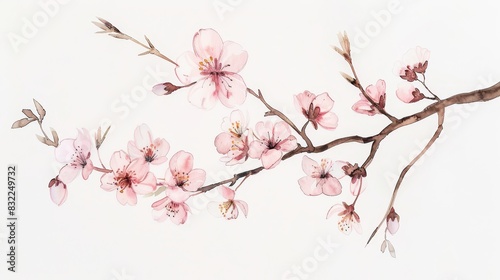 Delicate watercolor painting of a cherry blossom branch with pink flowers on a light background, perfect for spring-themed projects. © kitinut